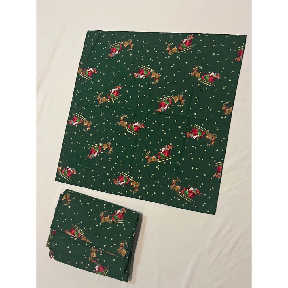 Vintage Christmas Cloth Napkins Set of 6 Emerald Green Santa Sleigh